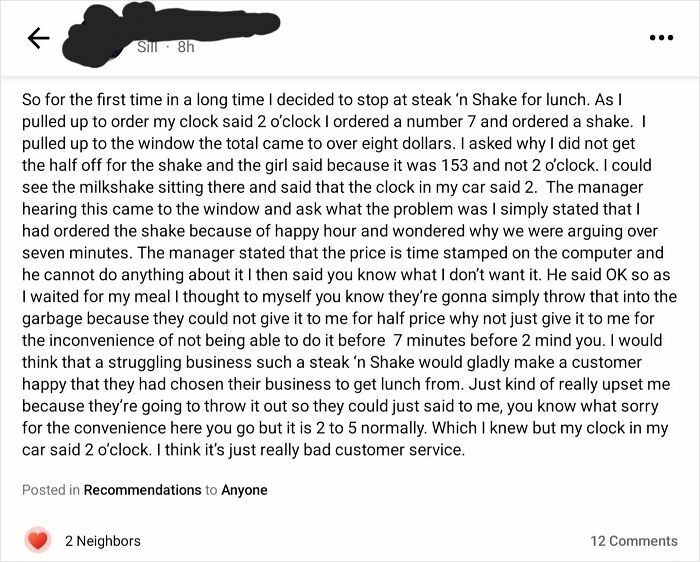 Customer showing entitlement over happy hour shake price dispute at steak 'n Shake, highlighting infuriating entitlement moments.