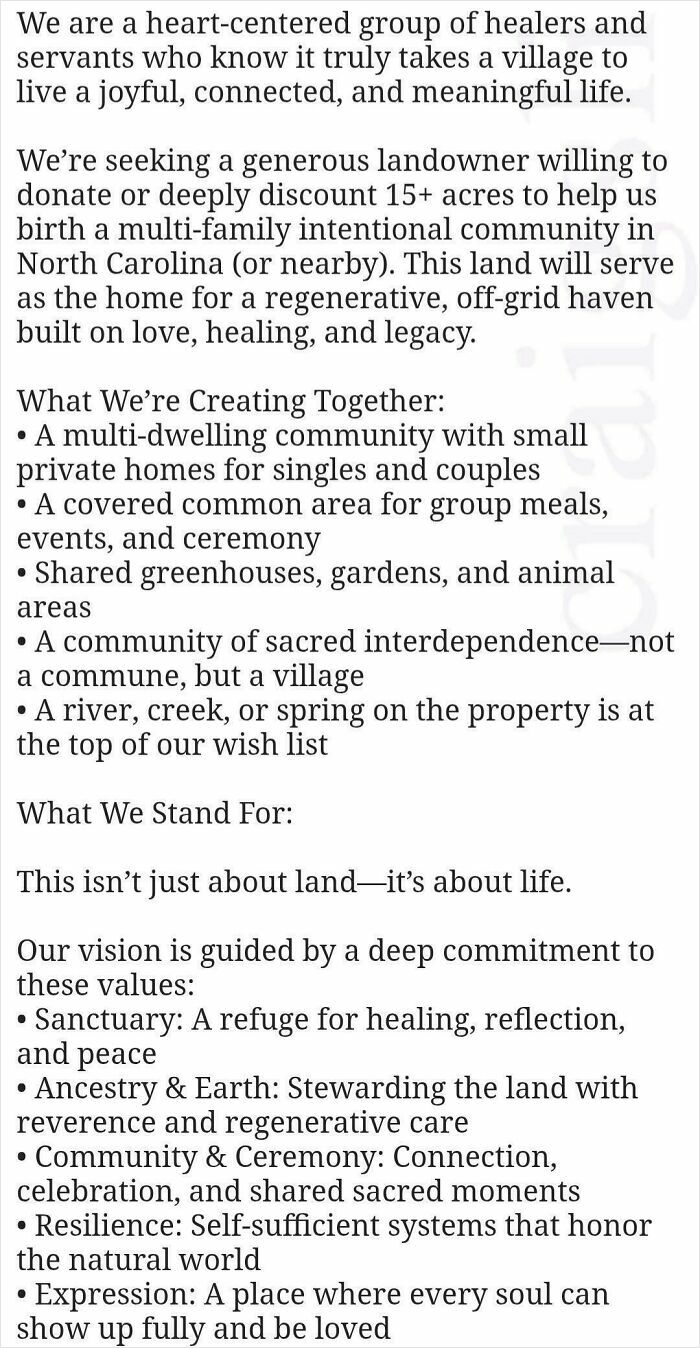 Text of a letter seeking a generous landowner to donate or discount land for building a multi-family intentional community.