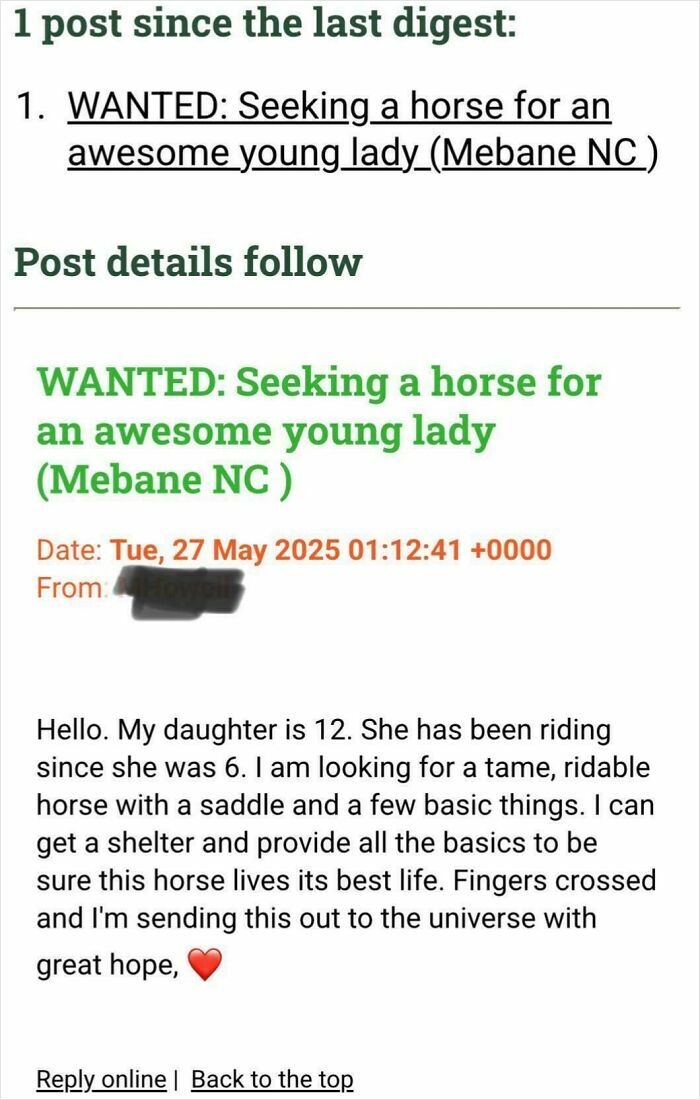 Online post seeking a free horse for a young rider, illustrating entitlement reaching cosmic levels in requests.