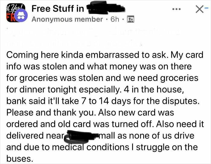 Screenshot of a social media post showing a person asking for free groceries due to stolen card and urgent needs.