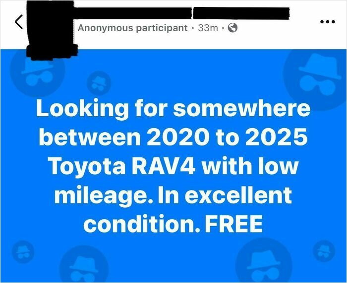 Social media post demanding a free 2020 to 2025 Toyota RAV4 with low mileage and excellent condition.