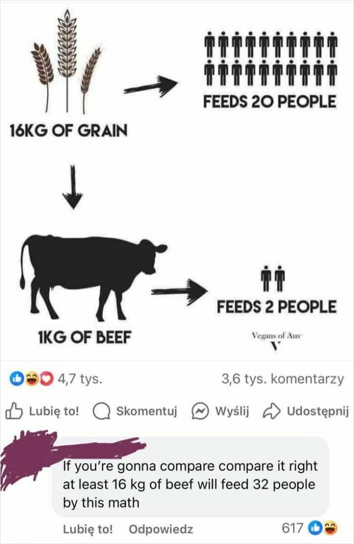 Infographic comparing grain feeding 20 people versus beef feeding 2 people with online group comments shaming errors