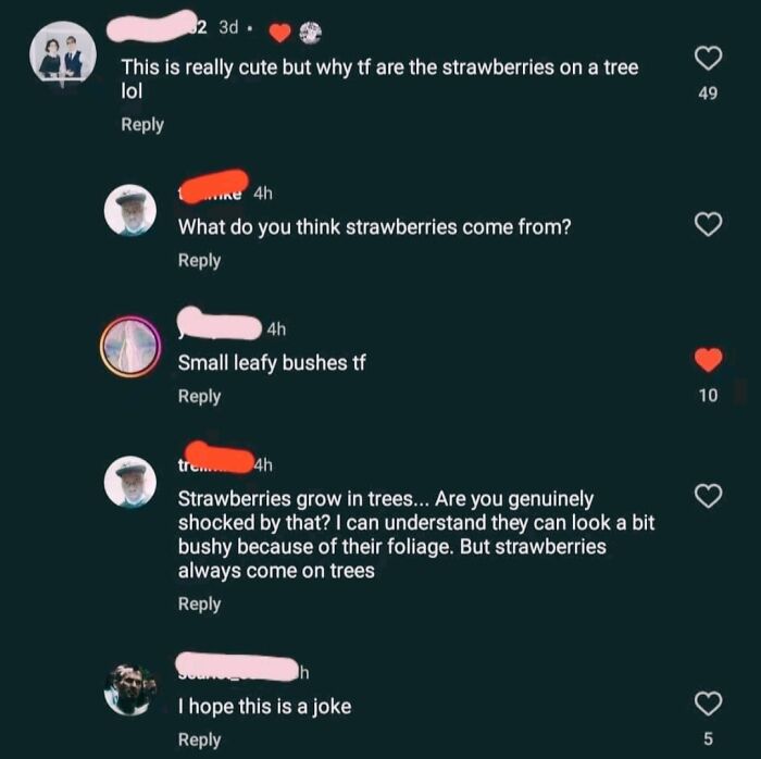 Online group shaming overconfident know-it-alls incorrectly correcting facts about strawberries growing on trees.