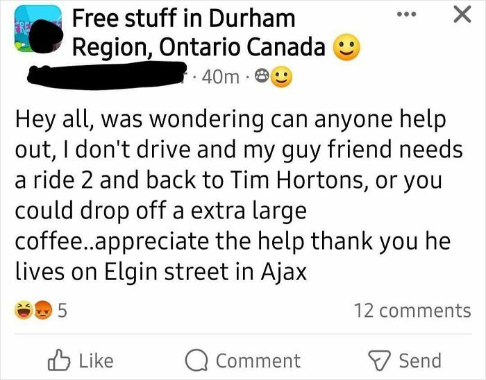 Social media post asking for a free ride and coffee, highlighting entitlement in wanting free stuff in Durham Ontario.