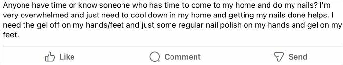 A social media post showing entitlement asking someone to come to their home to remove gel polish and do nails for free.