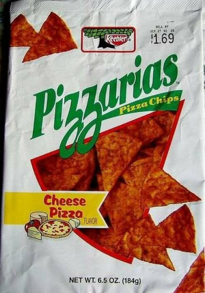 Keebler Pizzarias cheese pizza chips bag, a nostalgic beloved food that disappeared from the snack market.