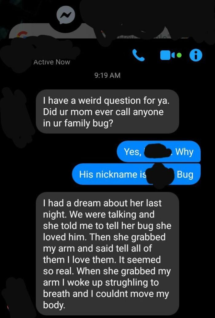 Text message conversation describing a chilling ghost encounter involving a dream and feeling unable to move the body.