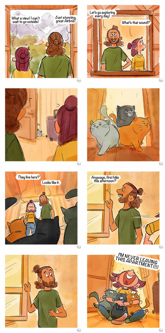 Couple on a magical Airbnb trip discovers cats inside, blending real life with whimsical comic art and charming twists.