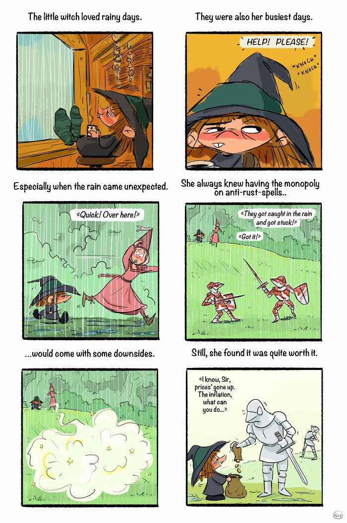 Comic strips featuring a little witch using magic spells and interacting with knights during rainy days.