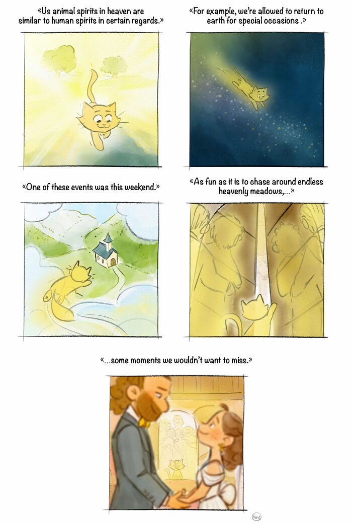 Cute comic with a magical cat spirit attending a wedding, blending real life and fantasy with witches and dragons themes.