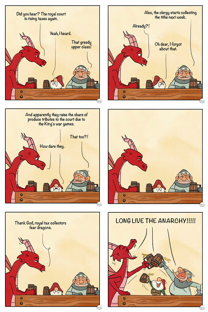 Comic panels featuring a dragon and medieval characters discussing taxes with magical twists and humorous overthinking.