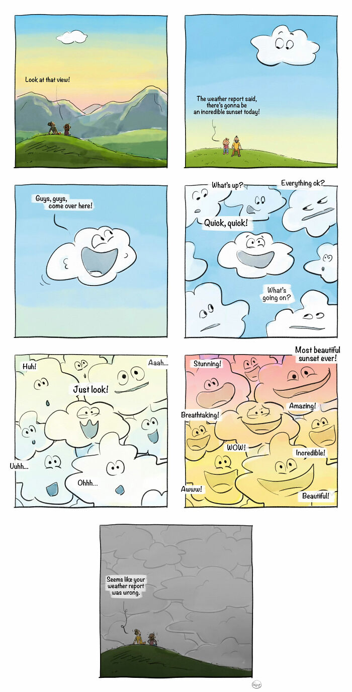 Two people watch clouds that magically gather with expressions in a comic about witches dragons and overthinkers.