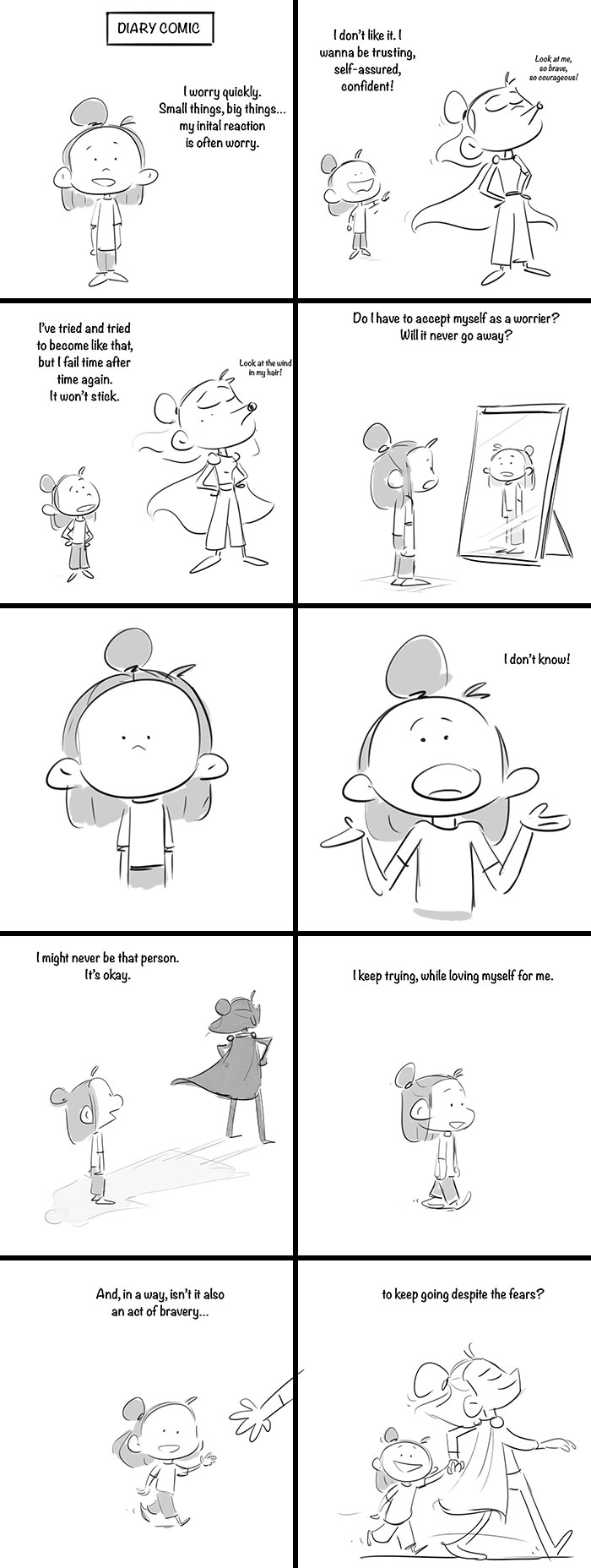 Black and white comic of a character overthinking and embracing bravery with magical twists and dragon cape.