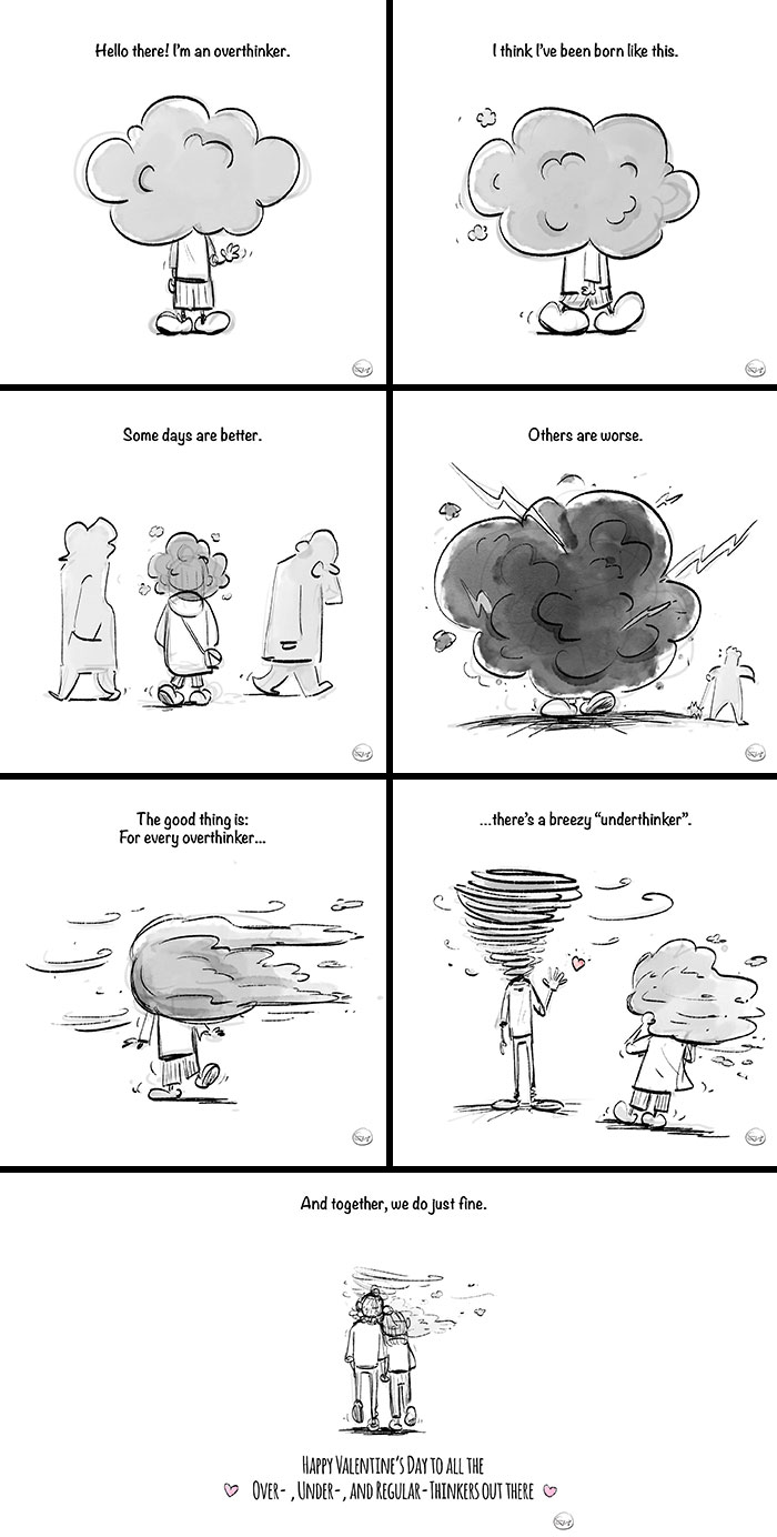 Comic strip depicting an overthinker and underthinker with magical twists, exploring emotions in real life.