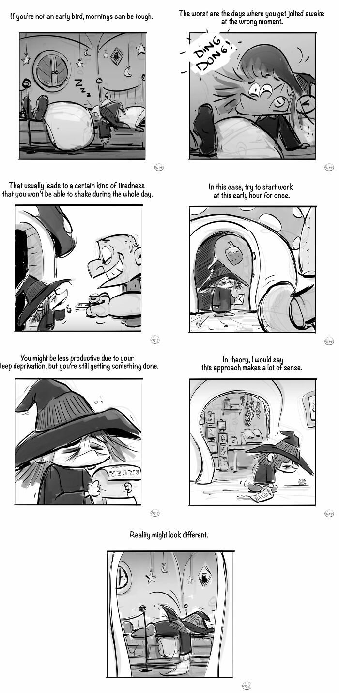 Black and white comic panels featuring a tired witch dealing with real life and magical twists in daily struggles.
