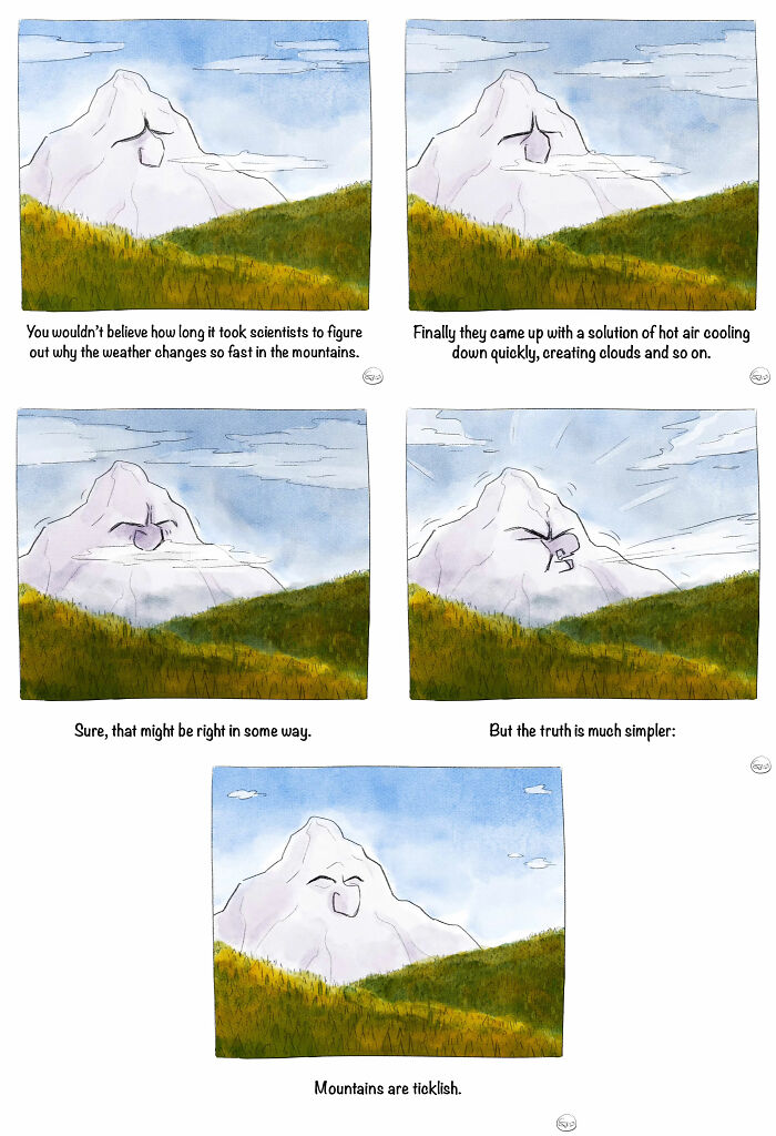 Mountain weather humor comic with magical twists showing a mountain laughing as part of witches, dragons, and overthinkers art.