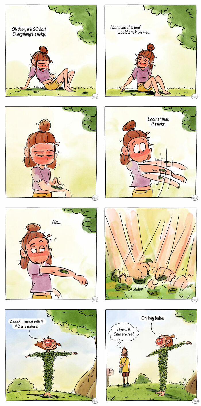 Comic strip showing a girl using magic to cover herself with leaves, blending real life with witches and dragons themes.