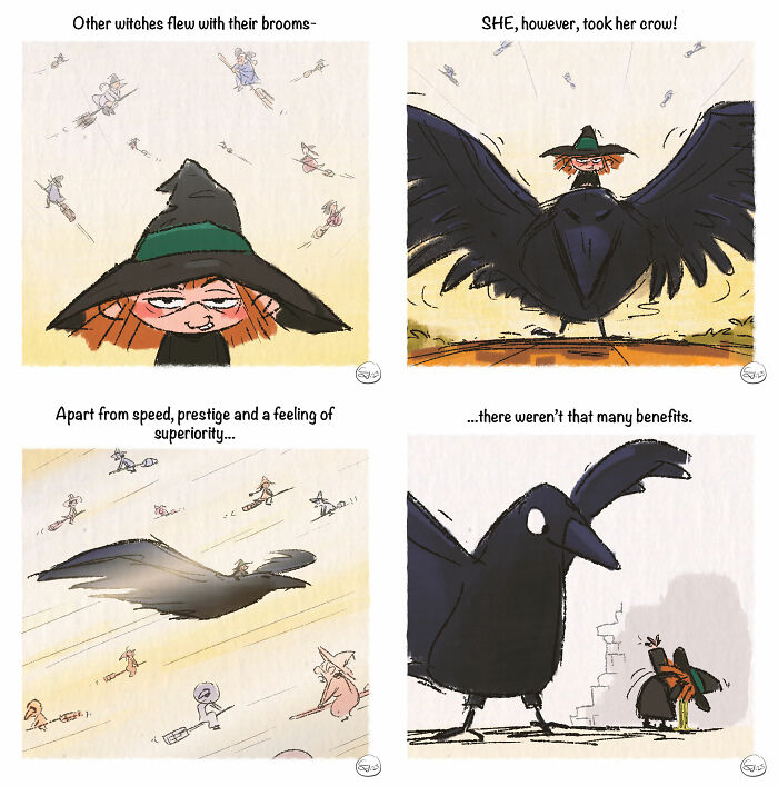 Comic panels showing a witch choosing to ride a crow instead of a broom, blending magical twists with real-life humor.