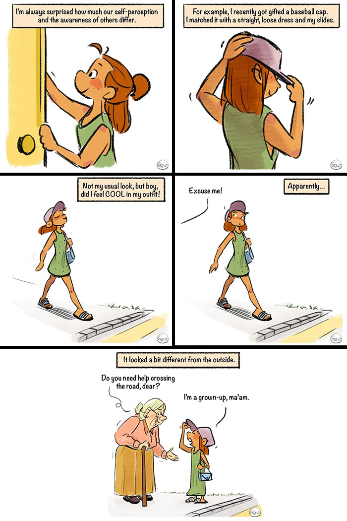 Comic strip showing a woman overthinking her outfit while a dragon and witch-themed magic twist adds humor to real-life moments.