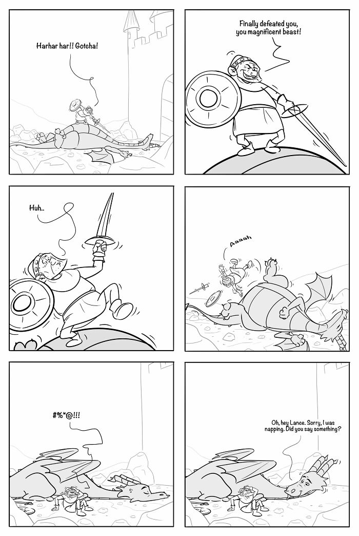 Comic showing a knight defeating a dragon but then falling off, highlighting witches, dragons, and magical twists in real life.