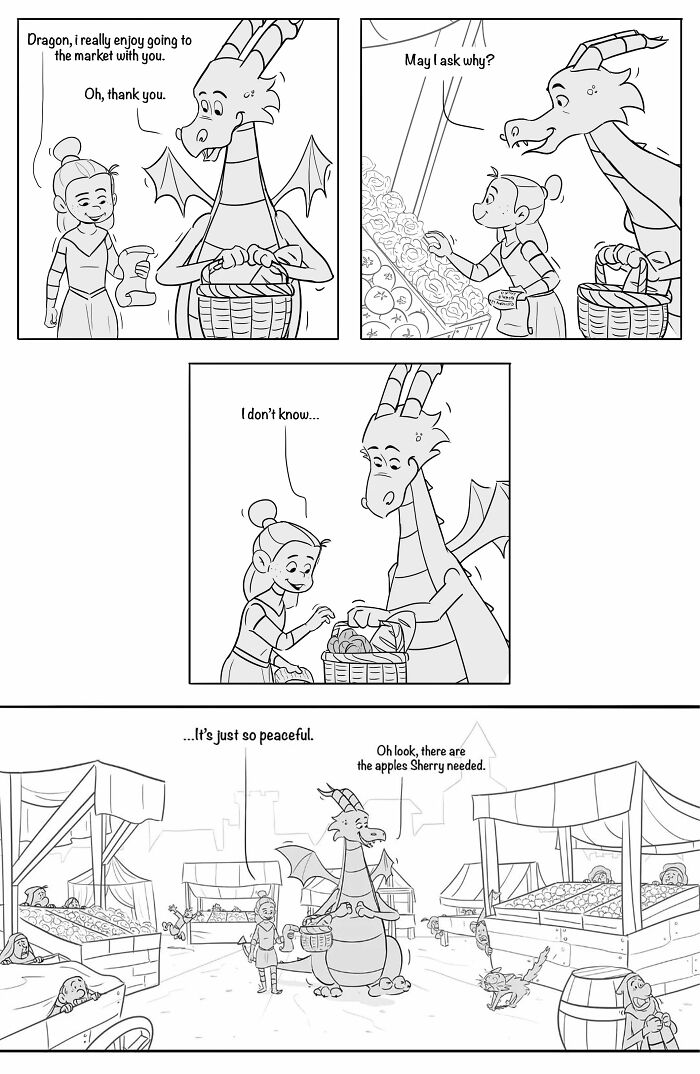 Comic panels showing a girl and a dragon shopping at a peaceful market with magical twists and real-life moments.