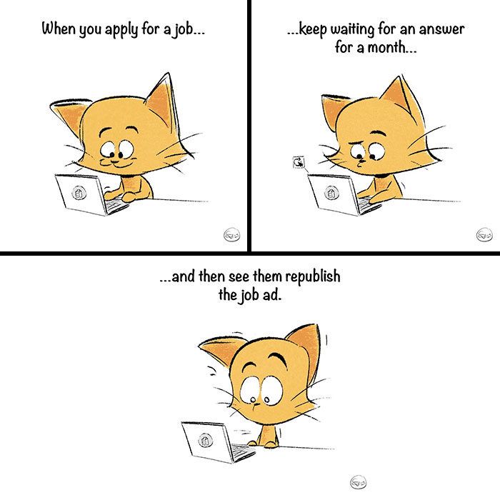 Illustration of a cat character applying for a job, waiting anxiously, and reacting to a republished job ad in a comic style.