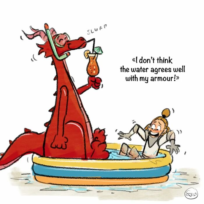 Dragon drinking a cocktail in a kiddie pool while a knight in armor splashes and complains about the water.