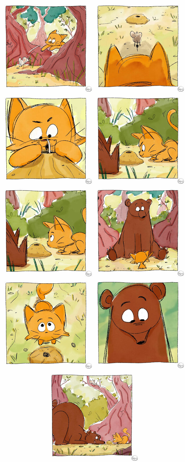 Comic strip shows a cat and a bear interacting in a whimsical forest scene with magical twists.