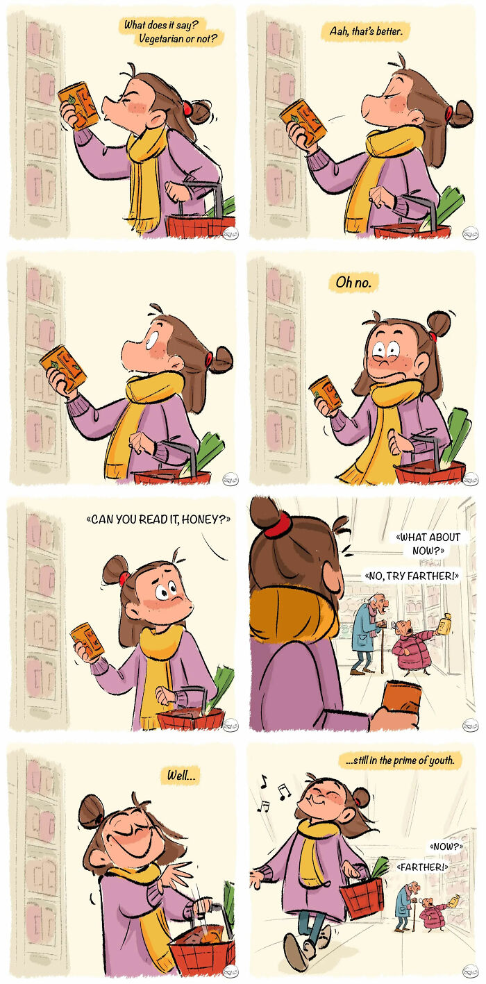 Woman overthinking while reading a food label in a comic strip with magical twists and humorous life moments.