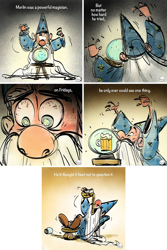 Cartoon wizard Merlin struggles with magic but only sees a beer in his crystal ball in this comic with magical twists.