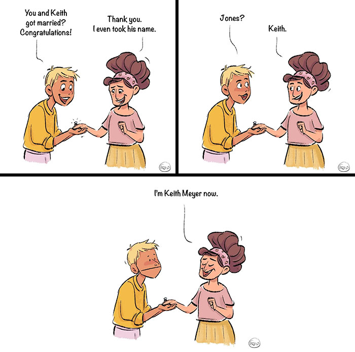Comic strip showing a woman humorously explaining marriage and name change, with magical and relatable twists.