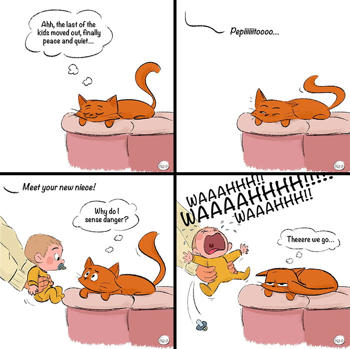 Orange cat reacts to the arrival of a crying baby niece, capturing magical twists in real life with witches and dragons.