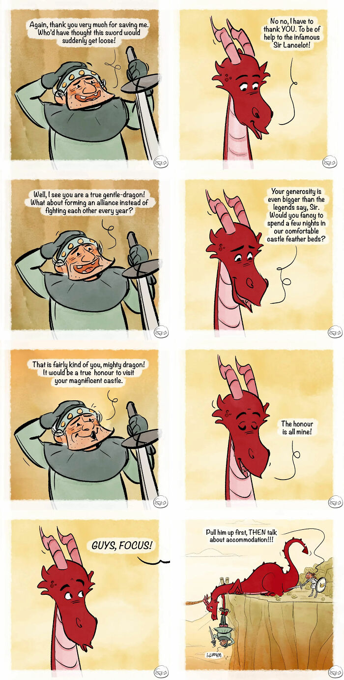 Comic strip featuring a knight and dragon with magical twists, highlighting dragons and witches in a humorous real-life scenario.