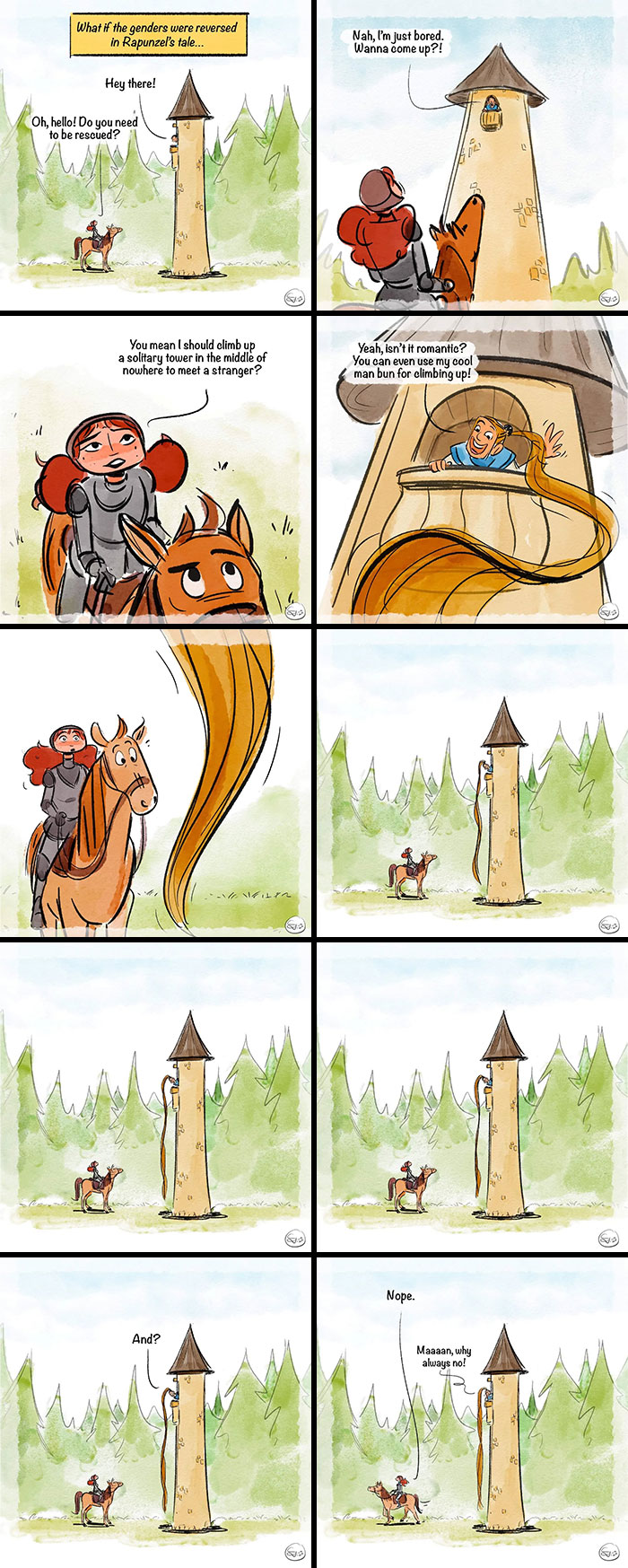 Comic strip showing a gender-reversed Rapunzel story with magical twists and real-life humor in a fantasy setting.