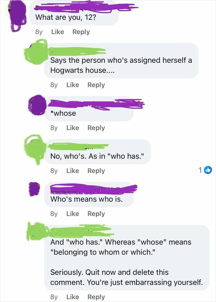 Online group shaming overconfident know-it-alls incorrectly correcting grammar in a social media comment thread.