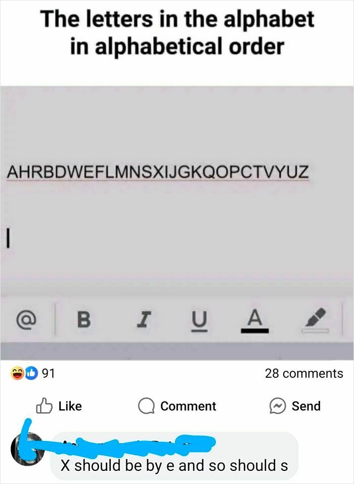 Screenshot of online group shaming an overconfident know-it-all incorrectly correcting alphabetical order letters.