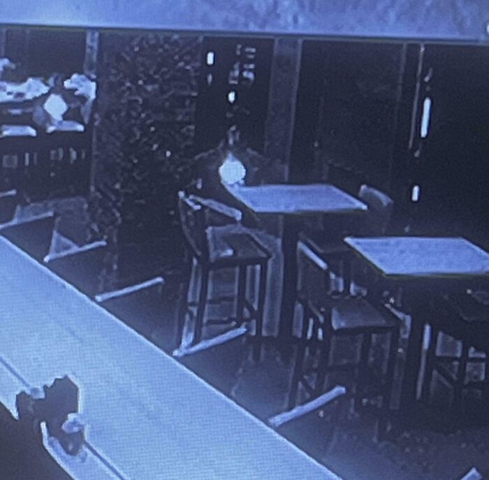 Dimly lit empty bar seating area captured on security camera, suggesting a chilling ghost encounter in a quiet nighttime setting.