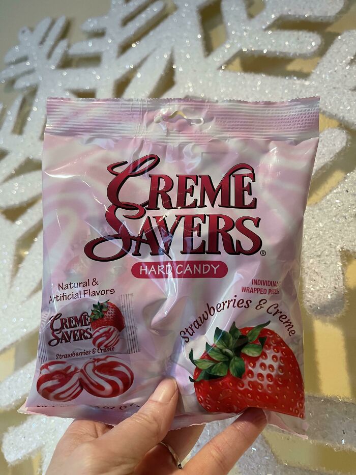 Package of Creme Savers hard candy strawberries and creme flavor, one of the beloved foods and drinks that disappeared.