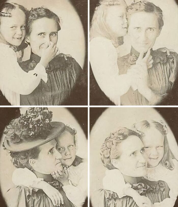 Collage of strange moments from Victorian times showing a woman and child in unusual poses, capturing Victorian era oddities.