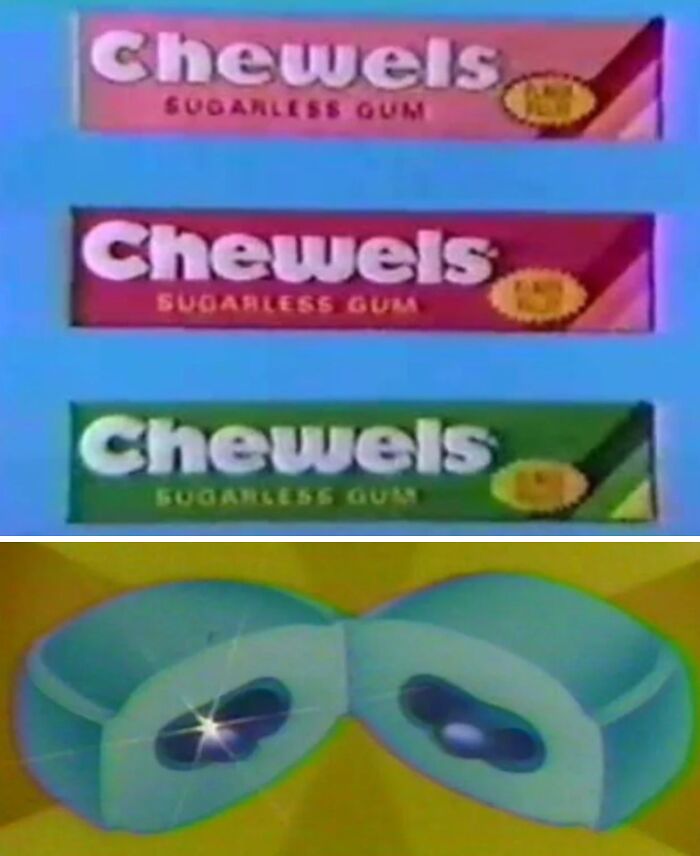 Packages of Chewels sugarless gum, a beloved food that disappeared, shown alongside gum pieces with a shiny center.