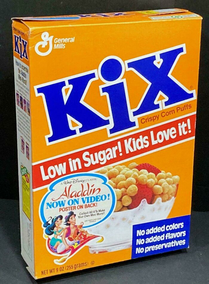 Kix cereal box featuring crispy corn puffs, a beloved food that broke hearts when it disappeared.