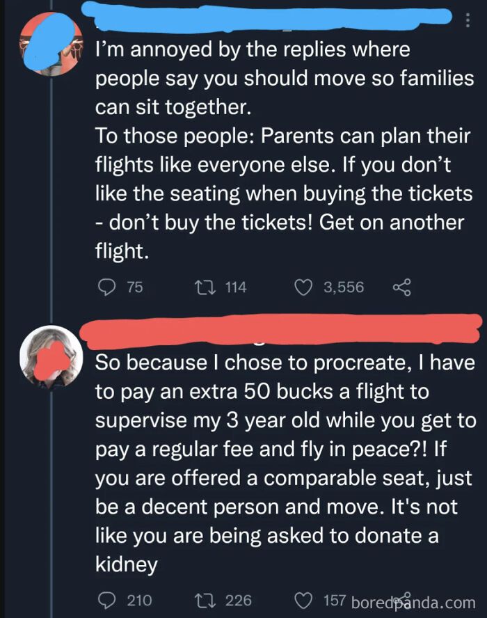 Twitter users debate parents making outrageous demands about flight seating and fees, highlighting conflicts involving children and families.