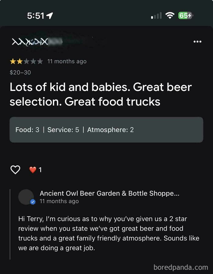 Screenshot of a negative review mentioning kids and babies, highlighting parents making outrageous demands related to children.