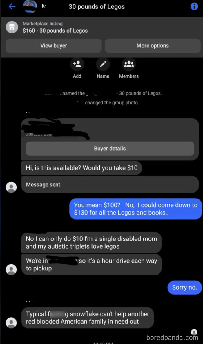 Chat conversation showing a parent making outrageous demands for legos, highlighting entitlement of some parents.