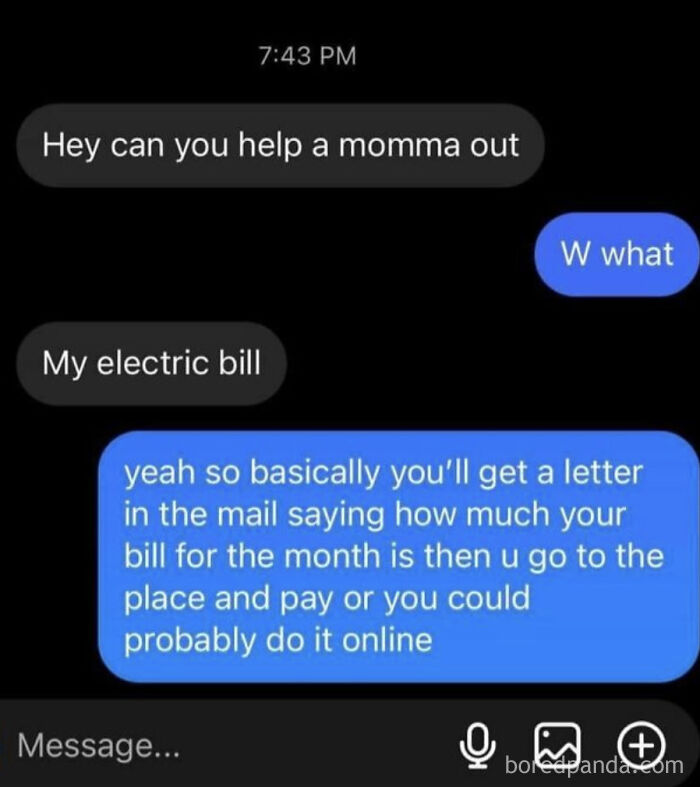 Text message exchange showing a parent's outrageous demand related to helping with an electric bill, highlighting parenting expectations.