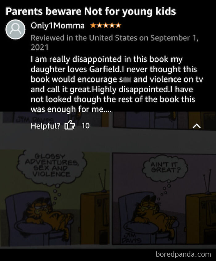 Parent review warning about inappropriate content, highlighting outrageous demands parents make because they have kids.