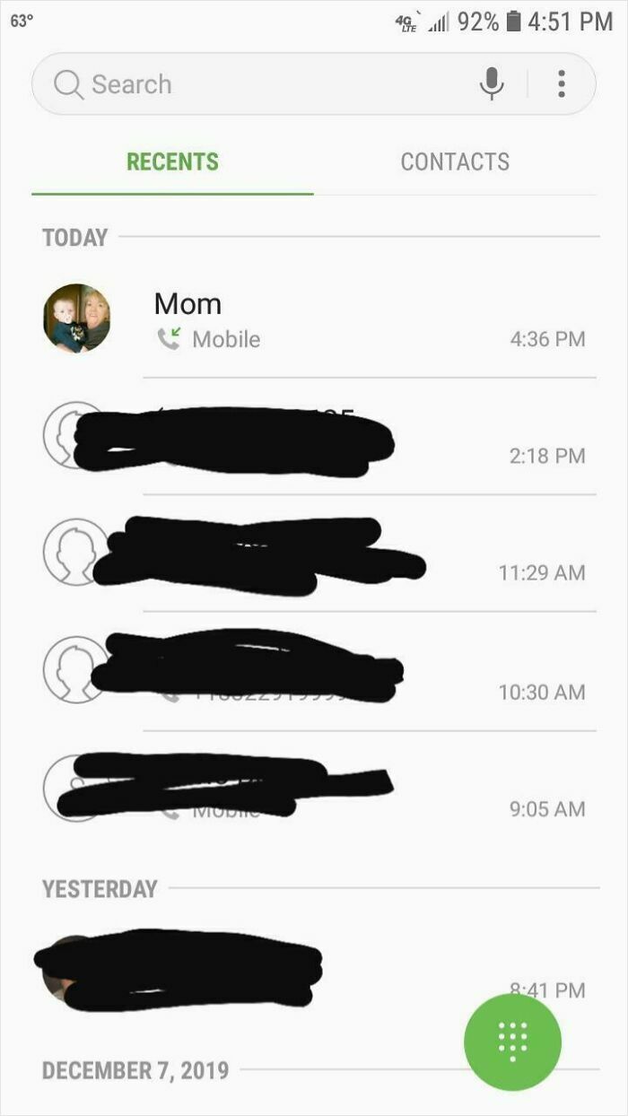 Screenshot of recent phone calls with one contact labeled Mom, illustrating a chilling ghost encounter moment.