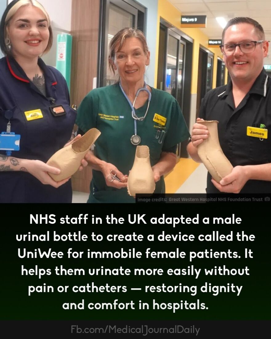 NHS medical staff holding adapted urinal devices promoting comfort and dignity for immobile female patients in hospitals.