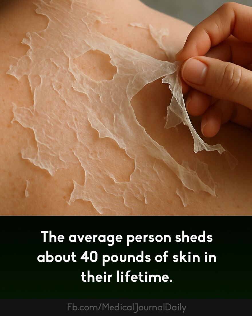 Hand peeling flaky skin highlighting curious medical facts about fingers containing no muscles and skin shedding.