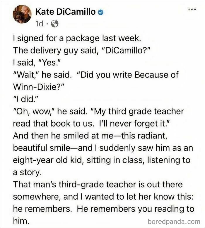 Text post by Kate DiCamillo sharing a heartfelt story to give you your daily serotonin boost from an IG page.